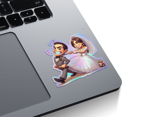 Just Married Bride Pulling Groom Holographic Stickers