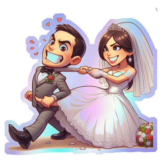 Just Married Bride Pulling Groom Holographic Stickers