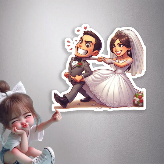 Just Married Bride Pulling Groom Premium Vinyl Stickers